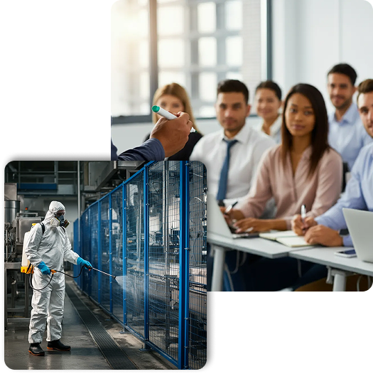 Capacitación en seguridad e higiene junto a operario aplicando protocolos en planta industrial